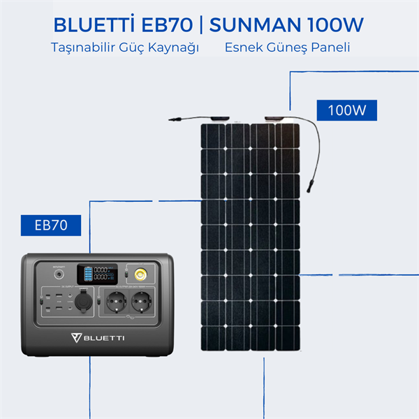Bluetti EB70 Taşınabilir Güç Kaynağı+Sunman 100W Esnek Güneş Paneli
