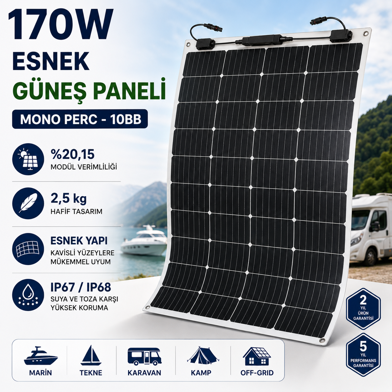170W monokristal Mono PERC esnek güneş paneli