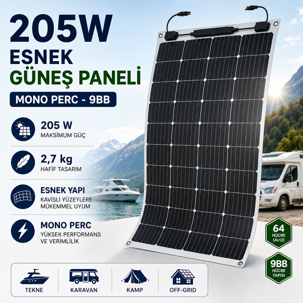205W monokristal Mono PERC esnek güneş paneli