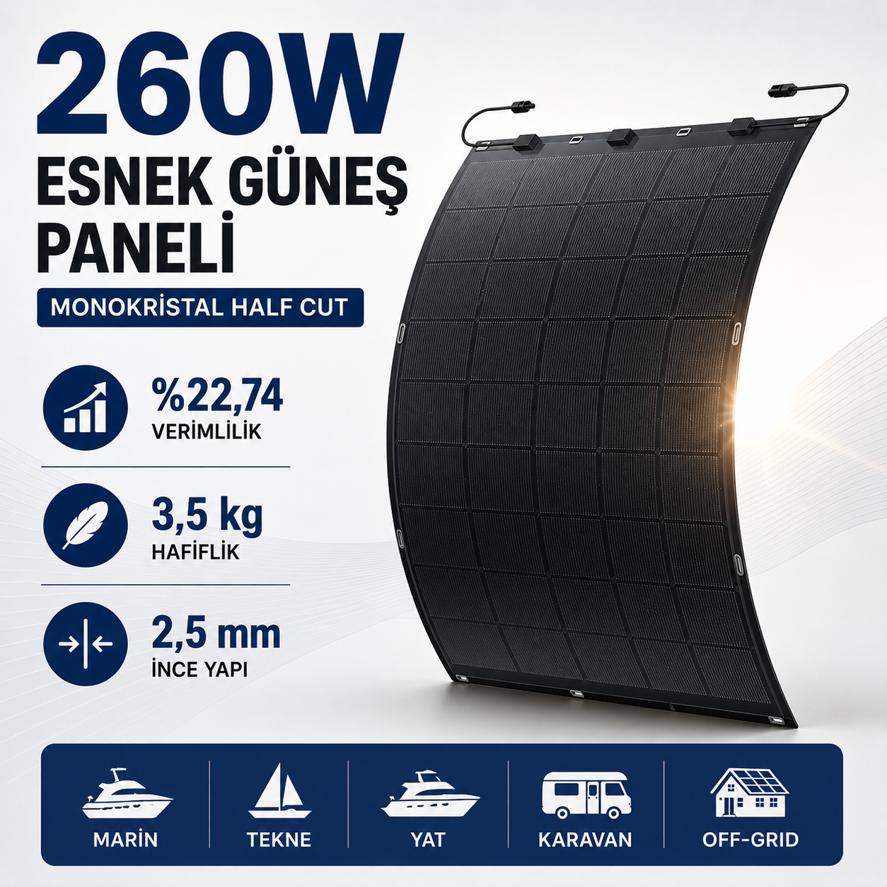 •	260W esnek güneş paneli monokristal Half Cut