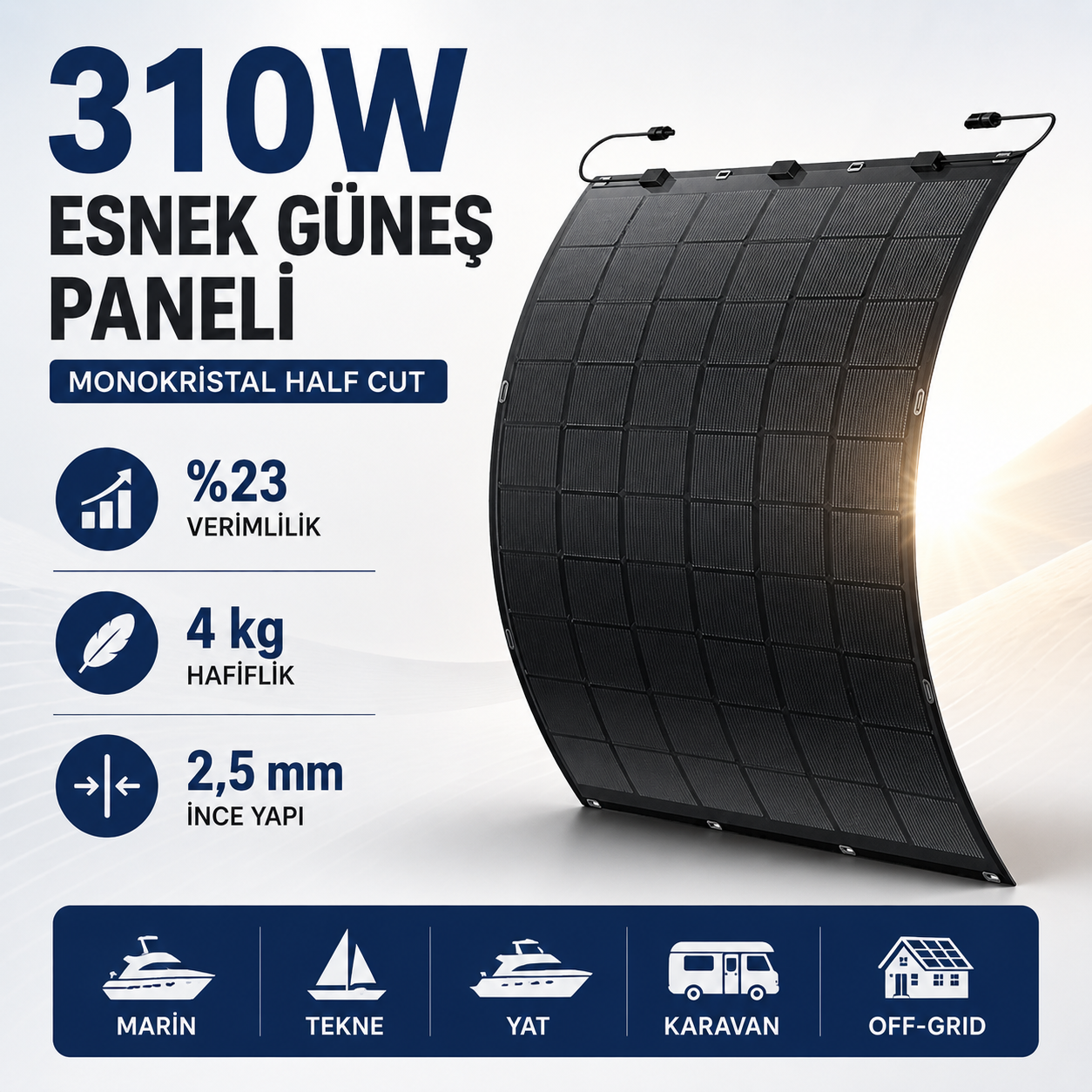 •	310W esnek güneş paneli monokristal Half Cut