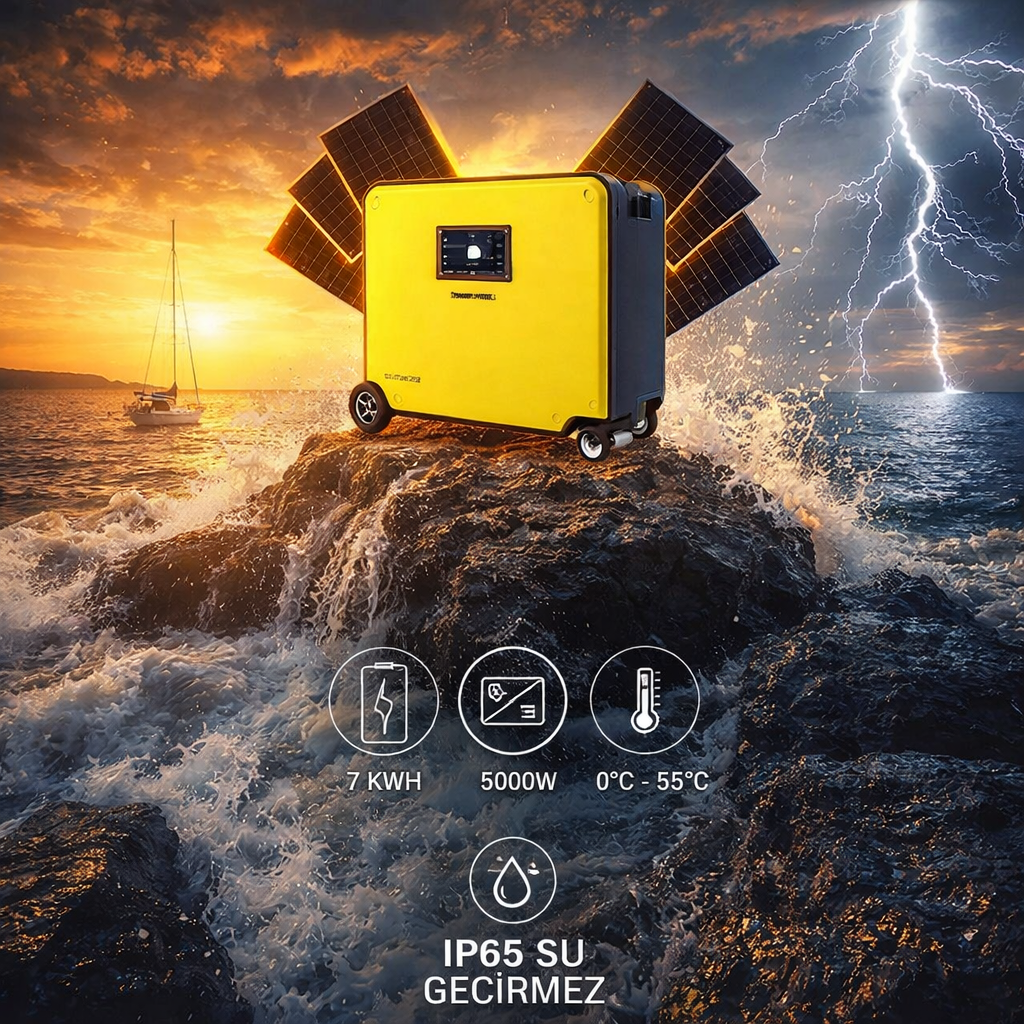 Tekne için 5kW taşınabilir güç istasyonu, 6912Wh batarya ve 2580W güneş paneli ile sessiz enerji sistemi