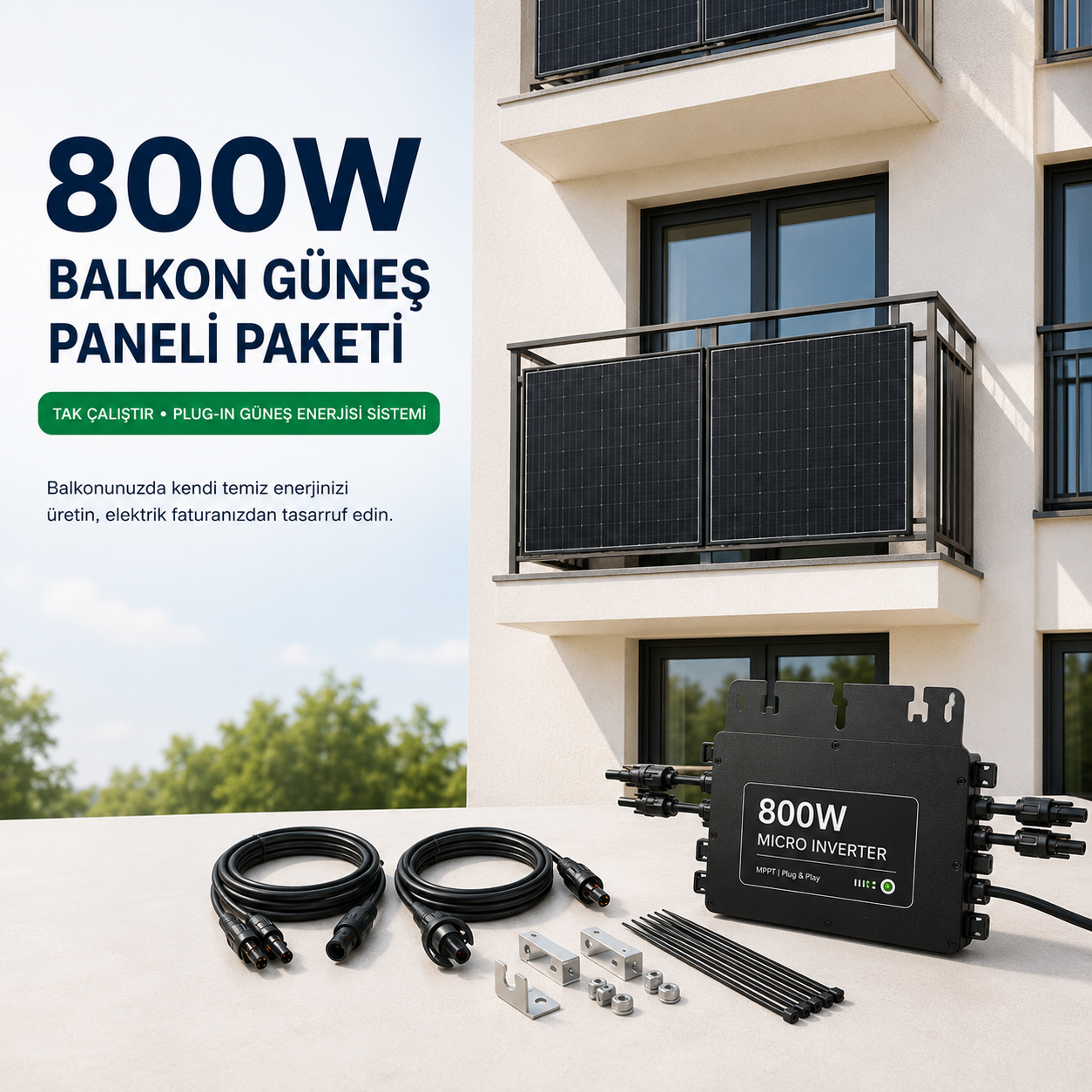 800W balkon güneş paneli paketi, 4 adet 200W güneş paneli ve 800W mikro inverter ile tak çalıştır plug-in güneş enerjisi sistemi