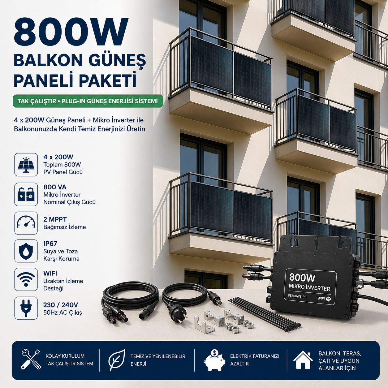 800W balkon güneş paneli paketi, 4 adet 200W güneş paneli ve 800W mikro inverter ile tak çalıştır plug-in güneş enerjisi sistemi