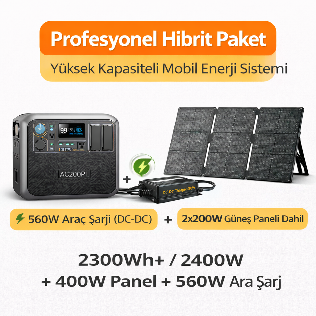 2400W 2300Wh hibrit karavan enerji sistemi, 560W DC-DC araç şarj ve 400W güneş paneli ile yüksek kapasiteli taşınabilir güç çözümü