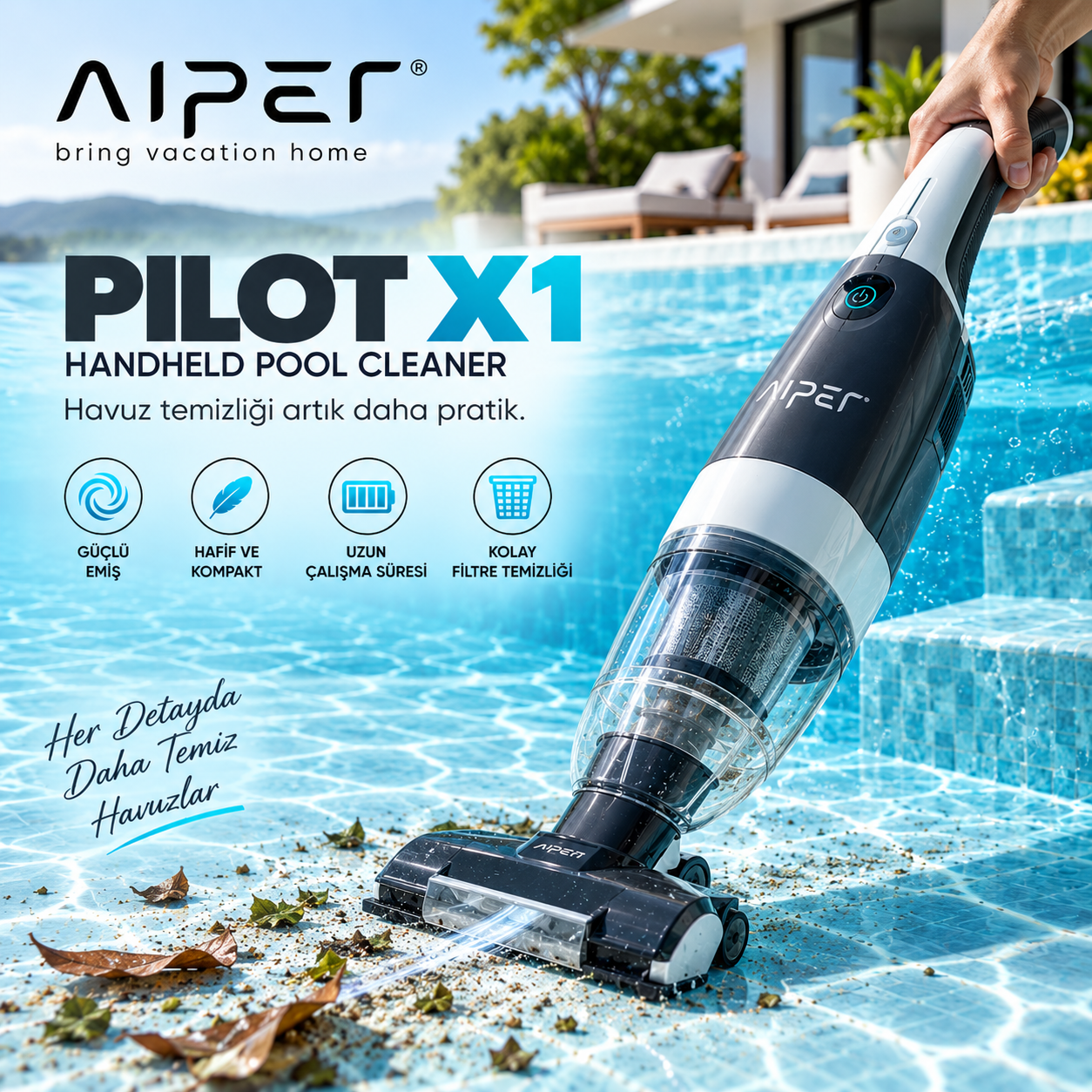Aiper Pilot X1 kablosuz el tipi havuz süpürgesi ile havuz tabanı ve merdivenlerde pratik temizlik