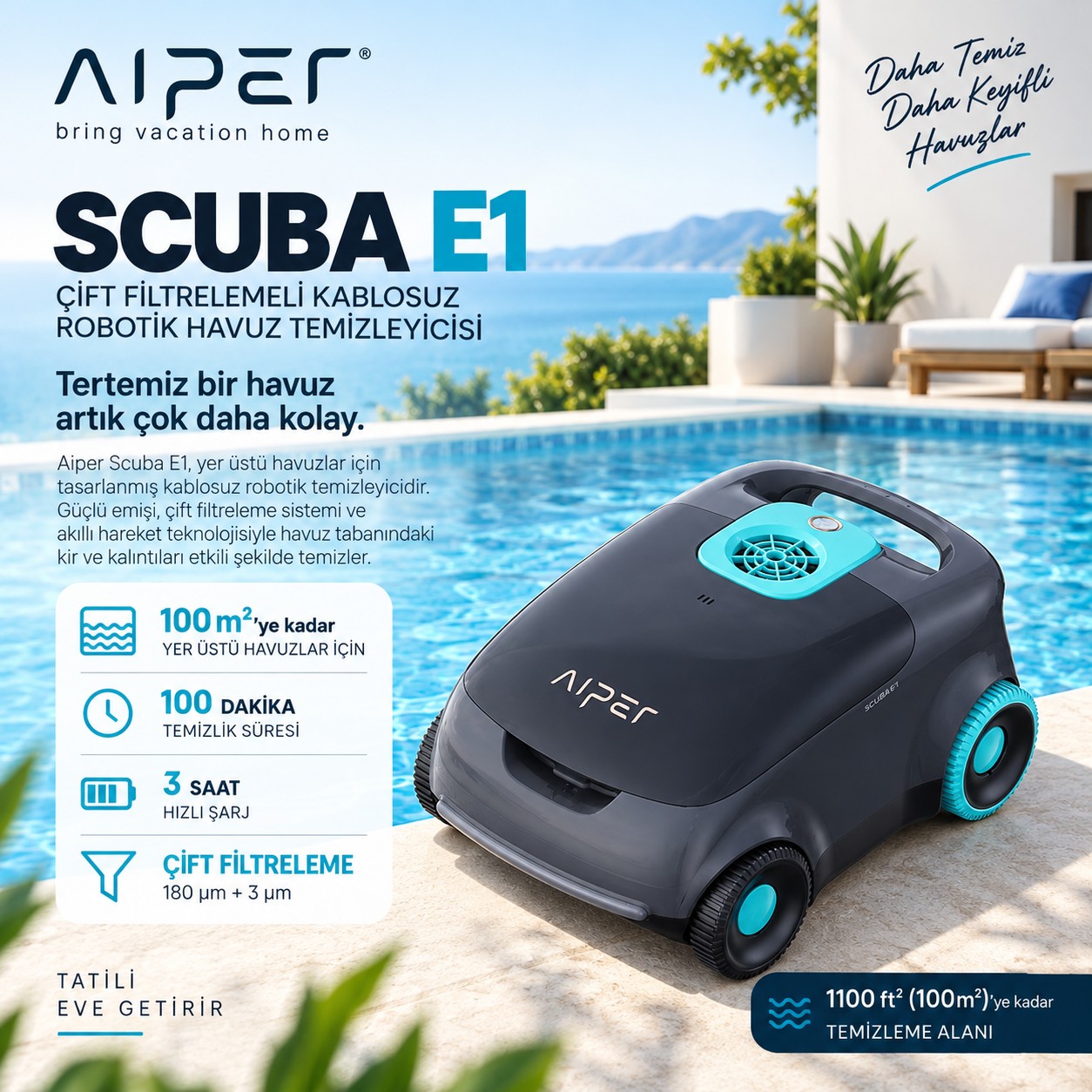 Aiper Scuba E1 kablosuz robotik havuz temizleyicisi havuz kenarında