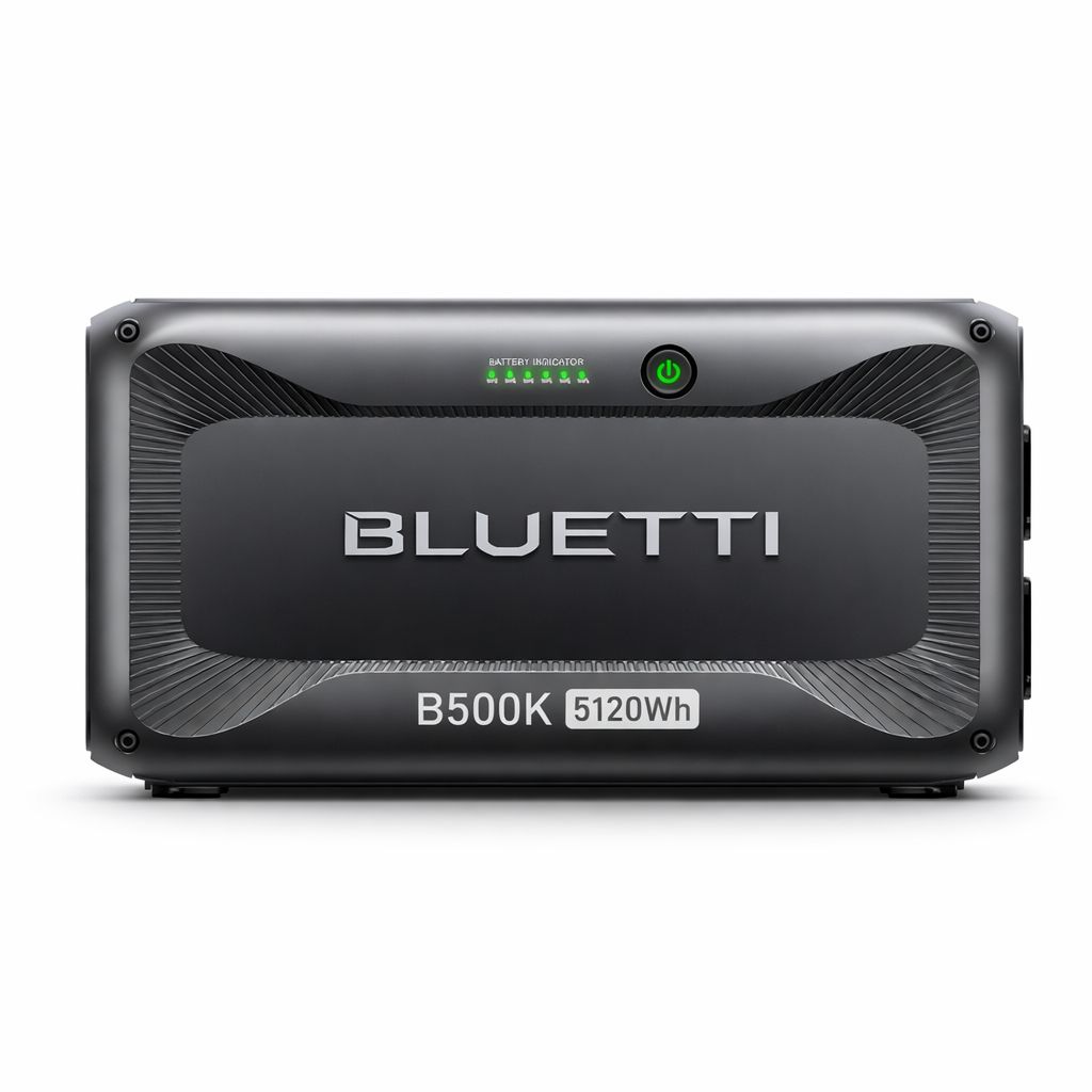 BLUETTI B500K 5120Wh genişleme bataryası ön panel görünümü ve batarya seviye göstergesi