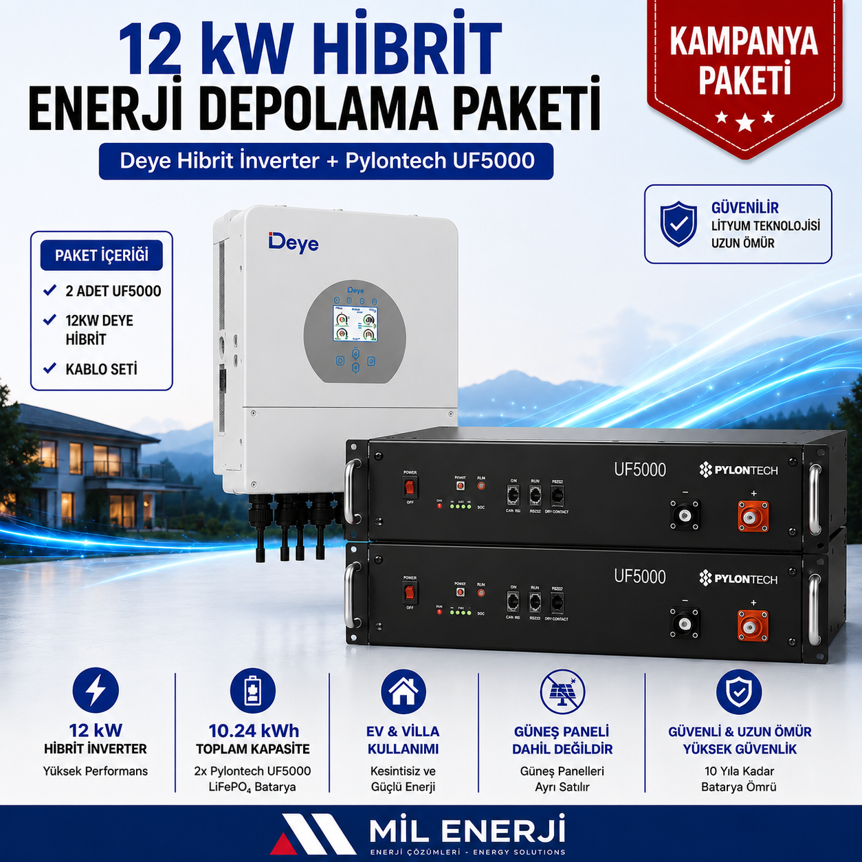 Deye 12 kW hibrit inverter ve 2 adet Pylontech UF5000 LiFePO4 bataryadan oluşan 10.24 kWh enerji depolama paketi. Ev, villa ve ticari kullanımlar için yüksek kapasiteli hibrit güneş enerjisi sistemi.