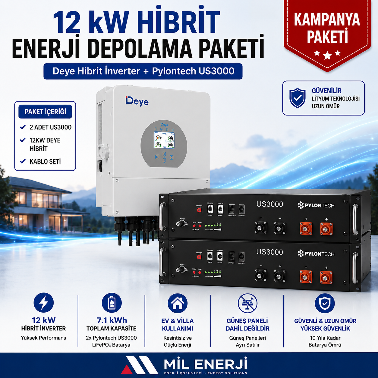 Deye 12 kW hibrit inverter ve 2 adet Pylontech US3000 LiFePO4 bataryadan oluşan 7.1 kWh enerji depolama paketi. Ev, villa ve ticari uygulamalar için hibrit güneş enerjisi sistemi çözümü.