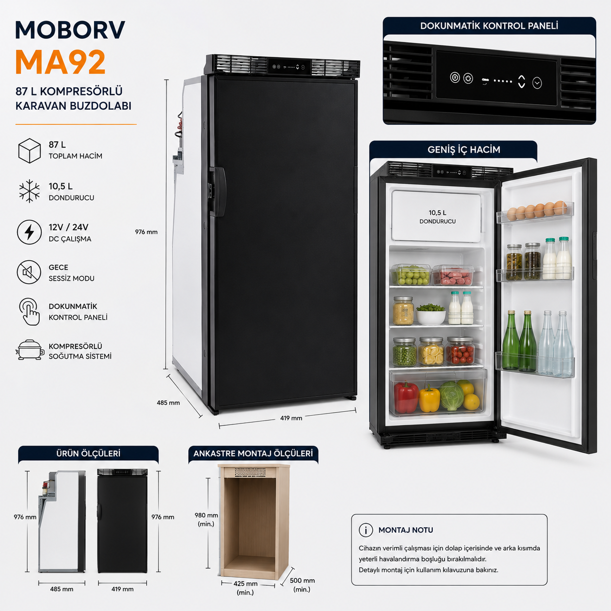MOBORV MA92 87 L kompresörlü karavan buzdolabı iç hacmi ve 10,5 L dondurucu bölmesi