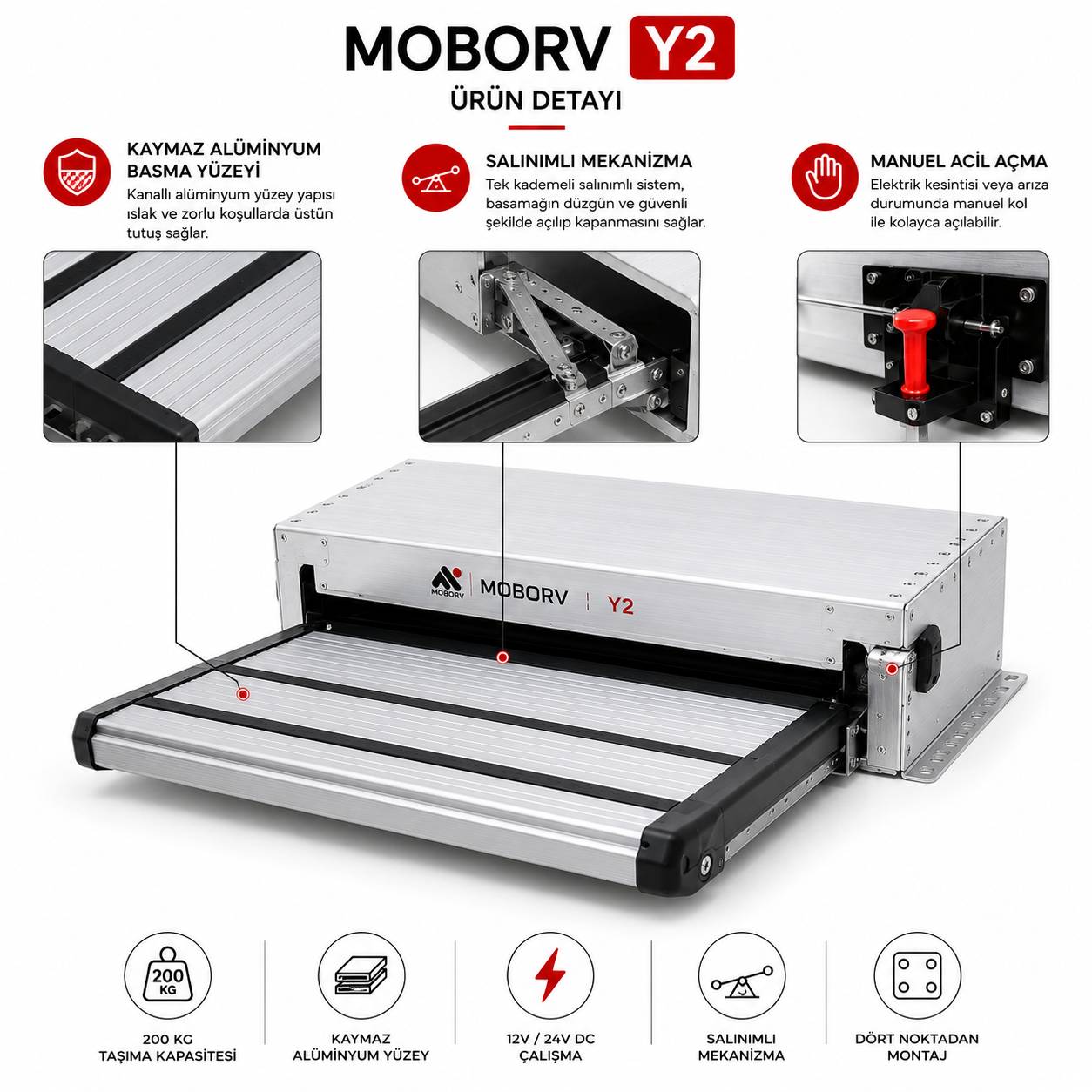 MOBORV Y2 karavan basamağı kaymaz alüminyum yüzey ve salınımlı mekanizma detayı