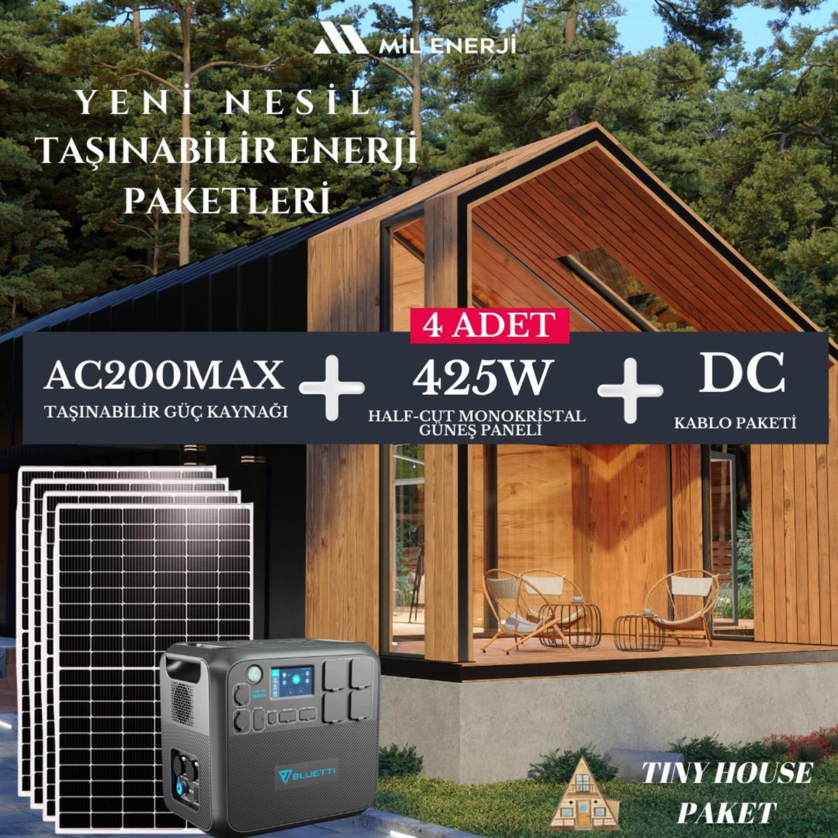 Tiny House Paketi | Bluetti AC200MAX Taşınabilir Güç Kaynağı | 4 x 425W Half-Cut Güneş Paneli