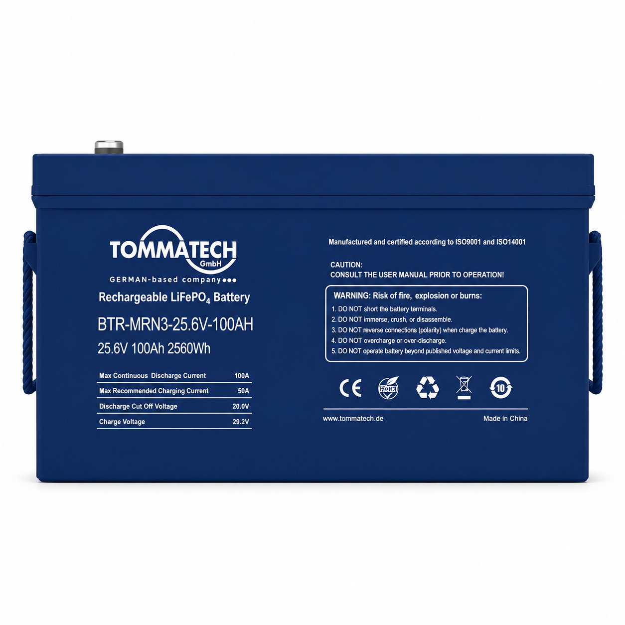 Tommatech Marine ABS Kasa Batarya 25.6V 100AH LFP Lityum Batarya önden görünüm