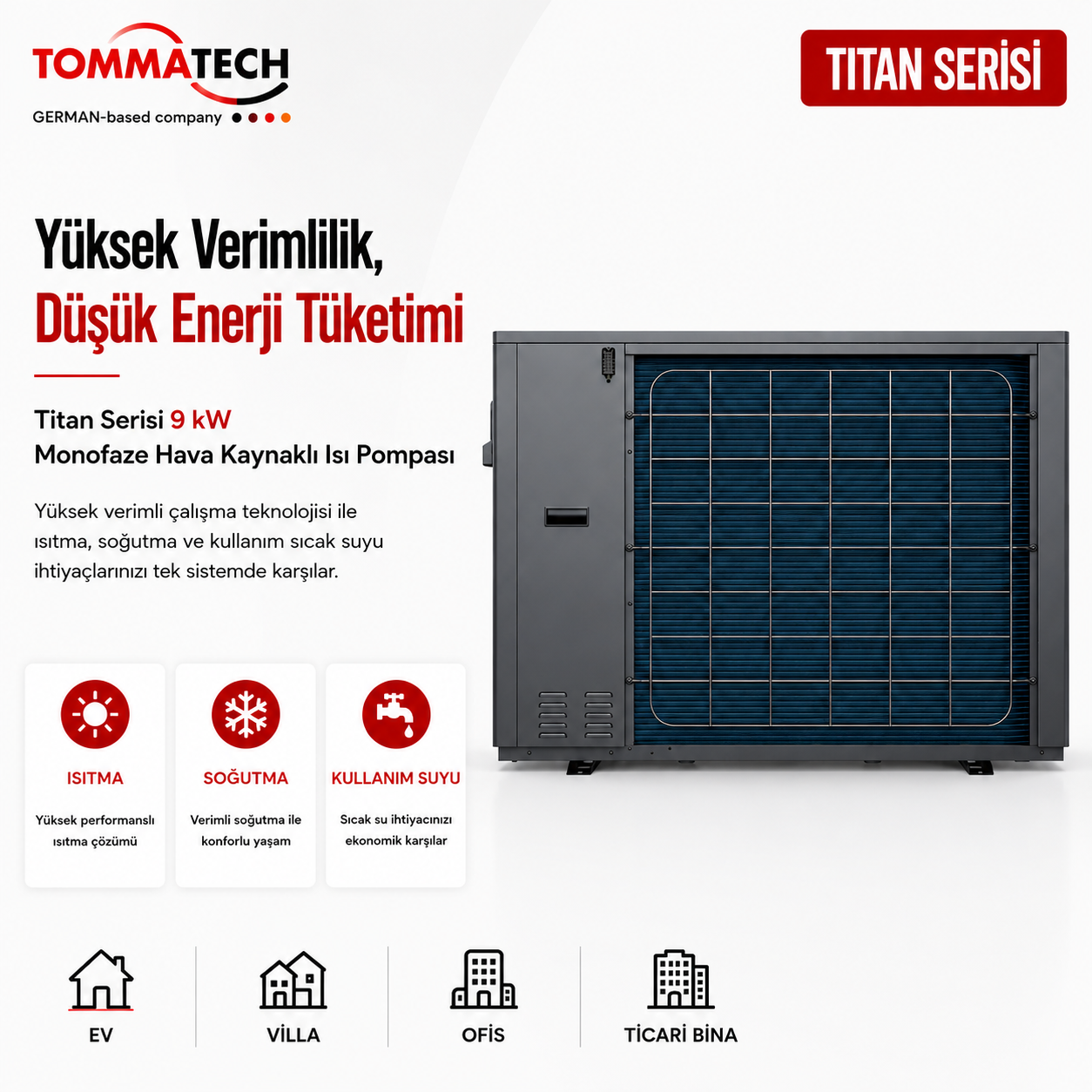 TommaTech Titan Serisi 9 kW monofaze hava kaynaklı ısı pompası arka görünüm tanıtım görseli