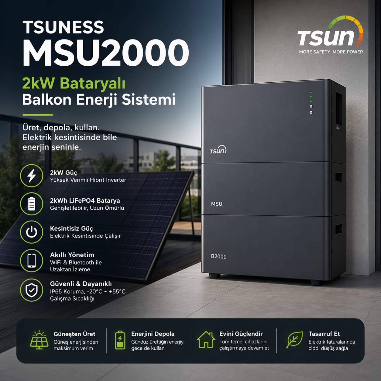 TSUNESS MSU2000 2kW bataryalı balkon enerji sistemi, hibrit inverter ve LiFePO4 batarya ile kesintisiz enerji çözümü
