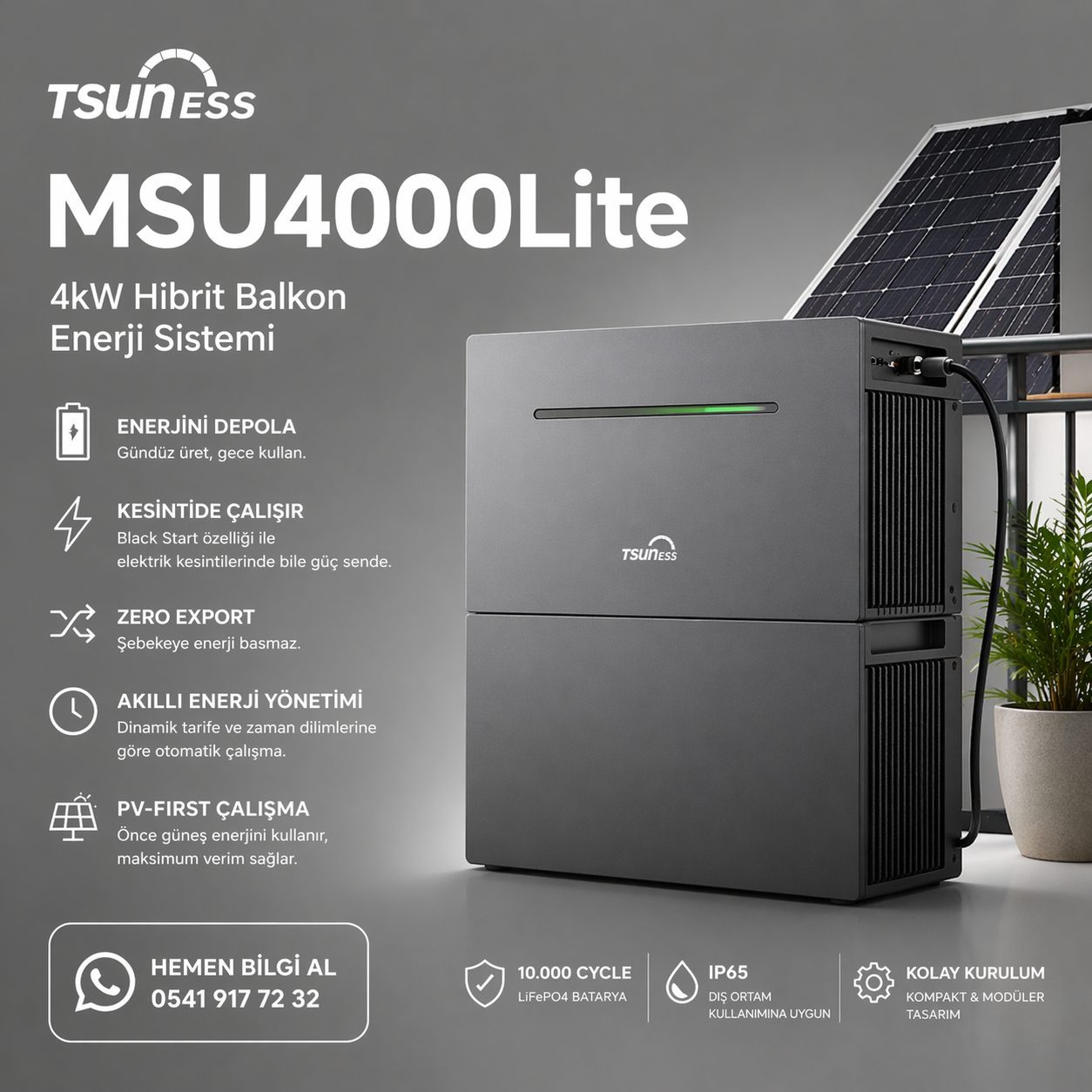 TSUNESS MSU4000Lite 4kW hibrit balkon enerji sistemi, bataryalı güneş sistemi ile elektrik kesintisinde çalışır ve enerji depolar
