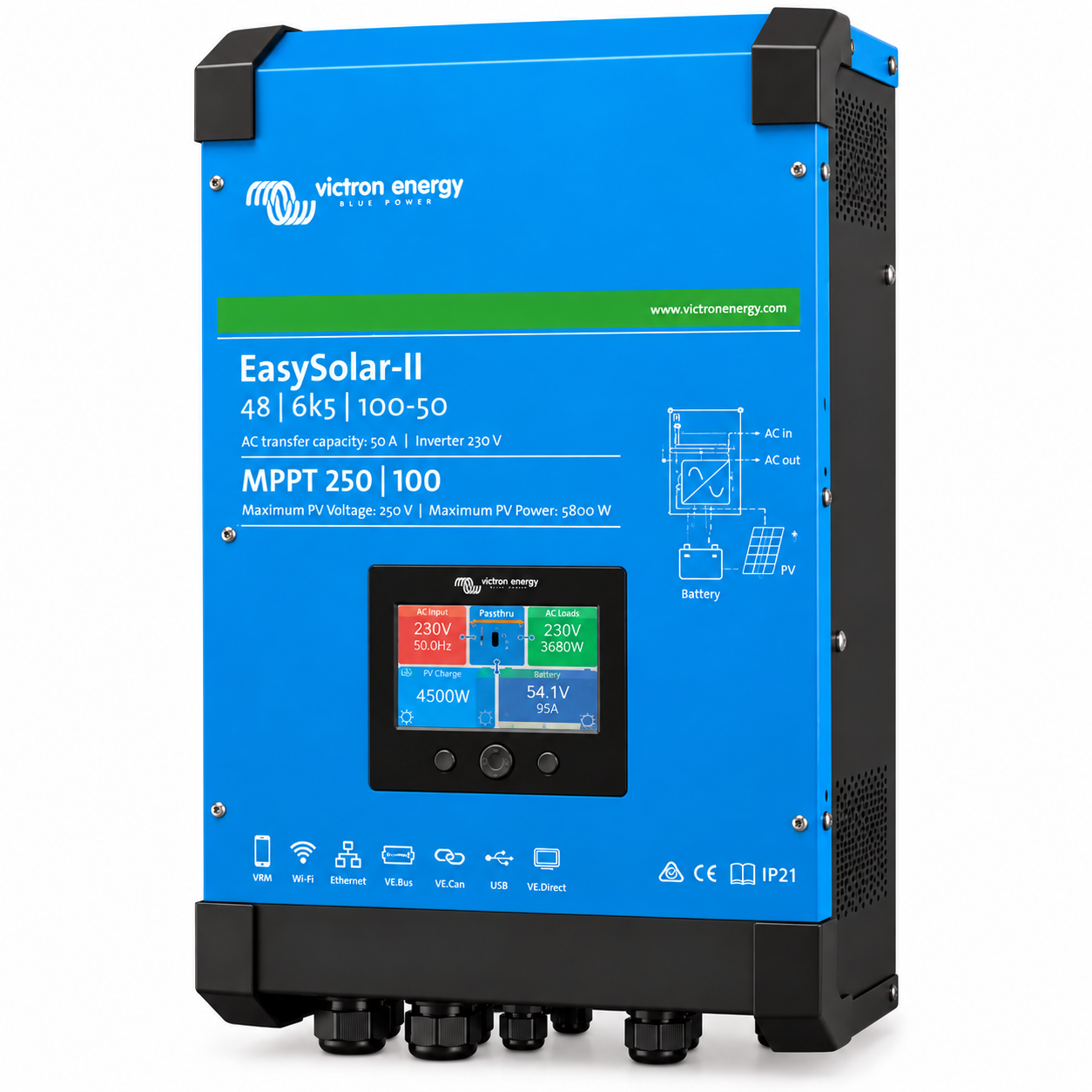 Victron Energy EasySolar-II 48/6k5/100-50 MPPT 250/100 GX 48V 6000W invertör ve 100A MPPT güneş şarj kontrol cihazı