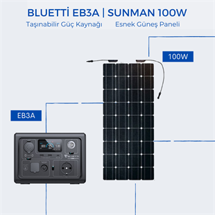 Bluetti EB3A Taşınabilir Güç Kaynağı | Sunman 100W Esnek Güneş Paneli Paketi