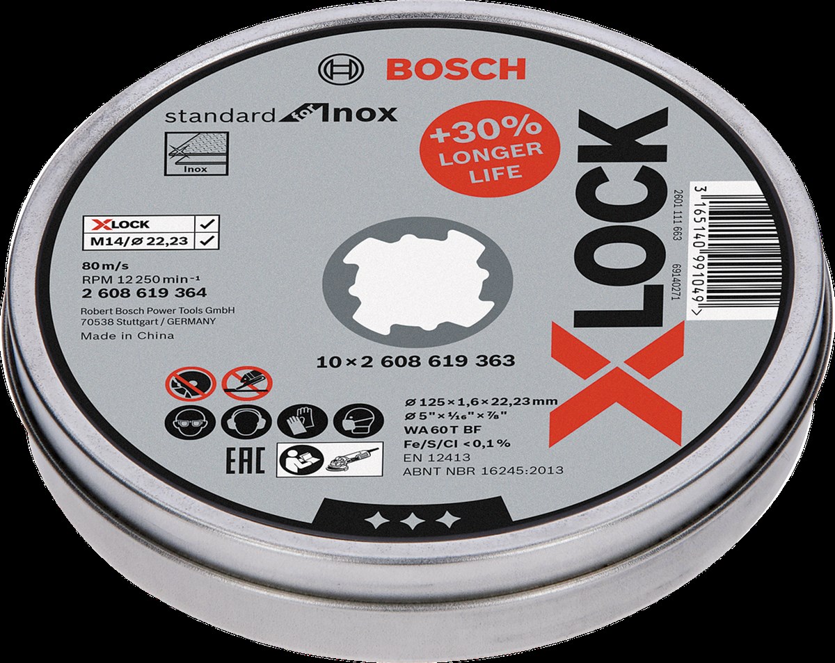 Bosch - X-LOCK - 125*1,6 mm Standard Seri Düz Inox (Paslanmaz Çelik) Kesme Diski (Taş) 10lu