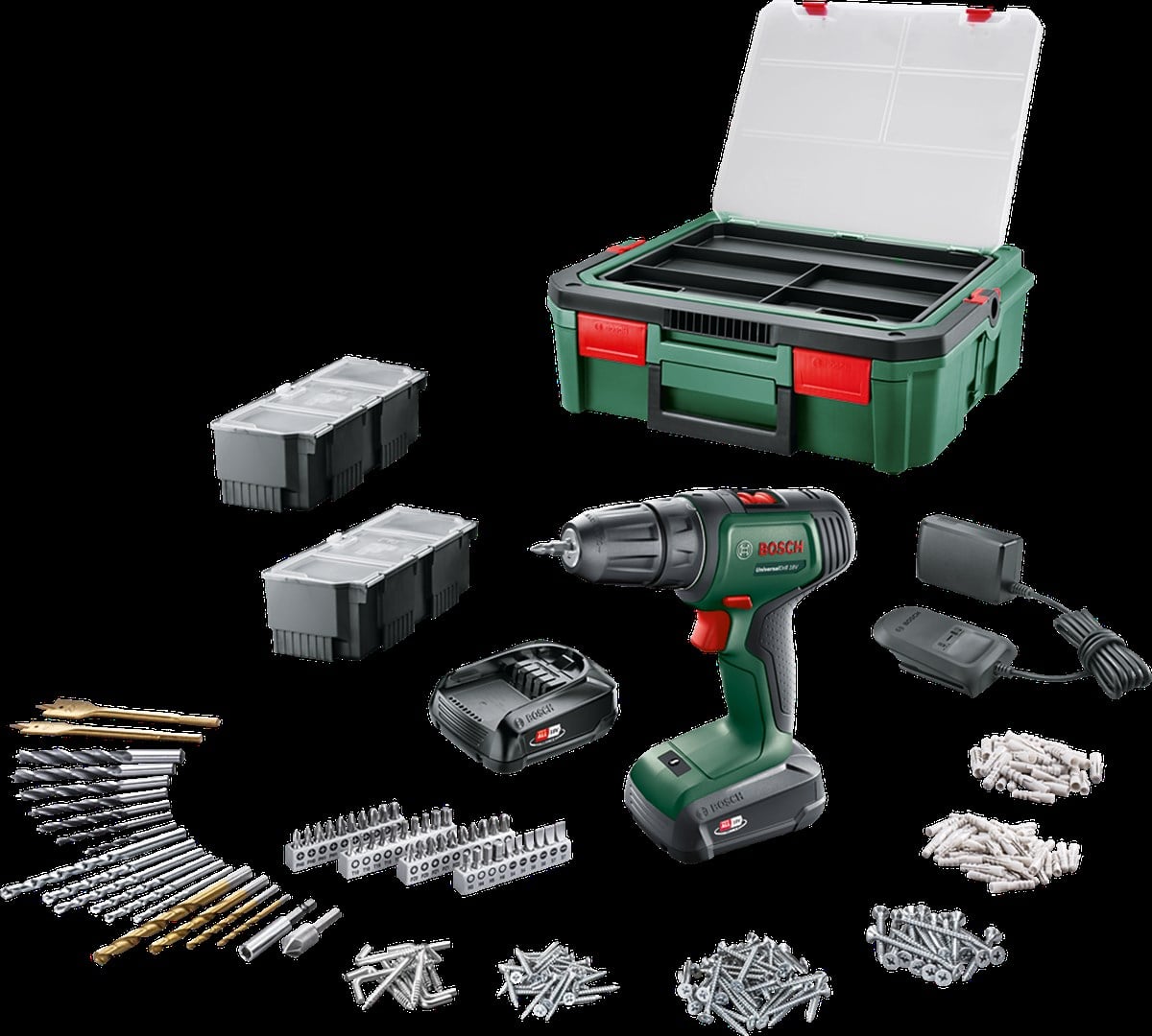 UniversalDrill 18V (2x1,5 Ah) Akülü Delme Vidalama Makinesi+ 241 parça set + Systembox S