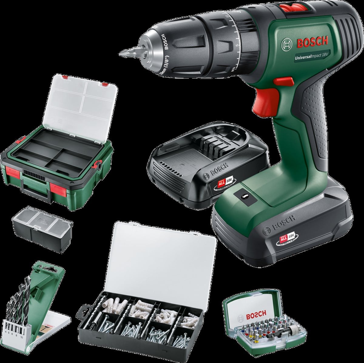 UniversalImpact 18V (2x 1,5Ah) Akülü Darbeli/Delme Vidalama Makinesi + 210 parça set + Systembox S
