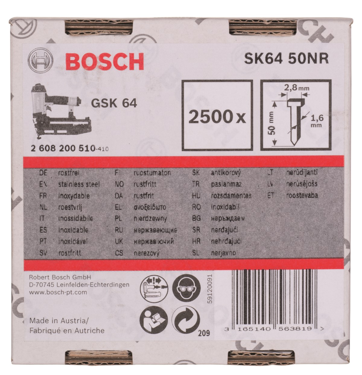Bosch - GSK 64 Çivisi 50 mm 2500li Paslanmaz