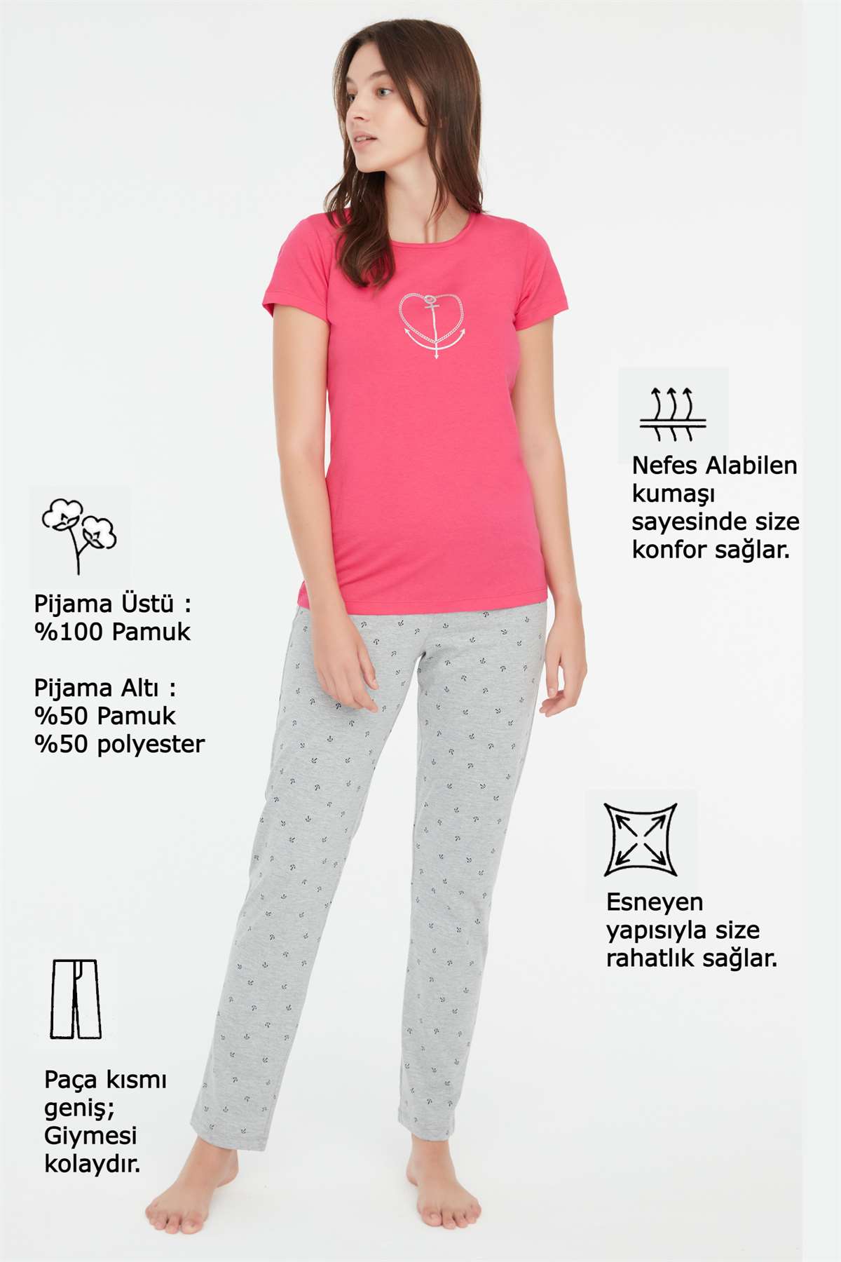 Mod Collection - Kadın Fuşya Yuvarlak Yaka Pijama Takımı