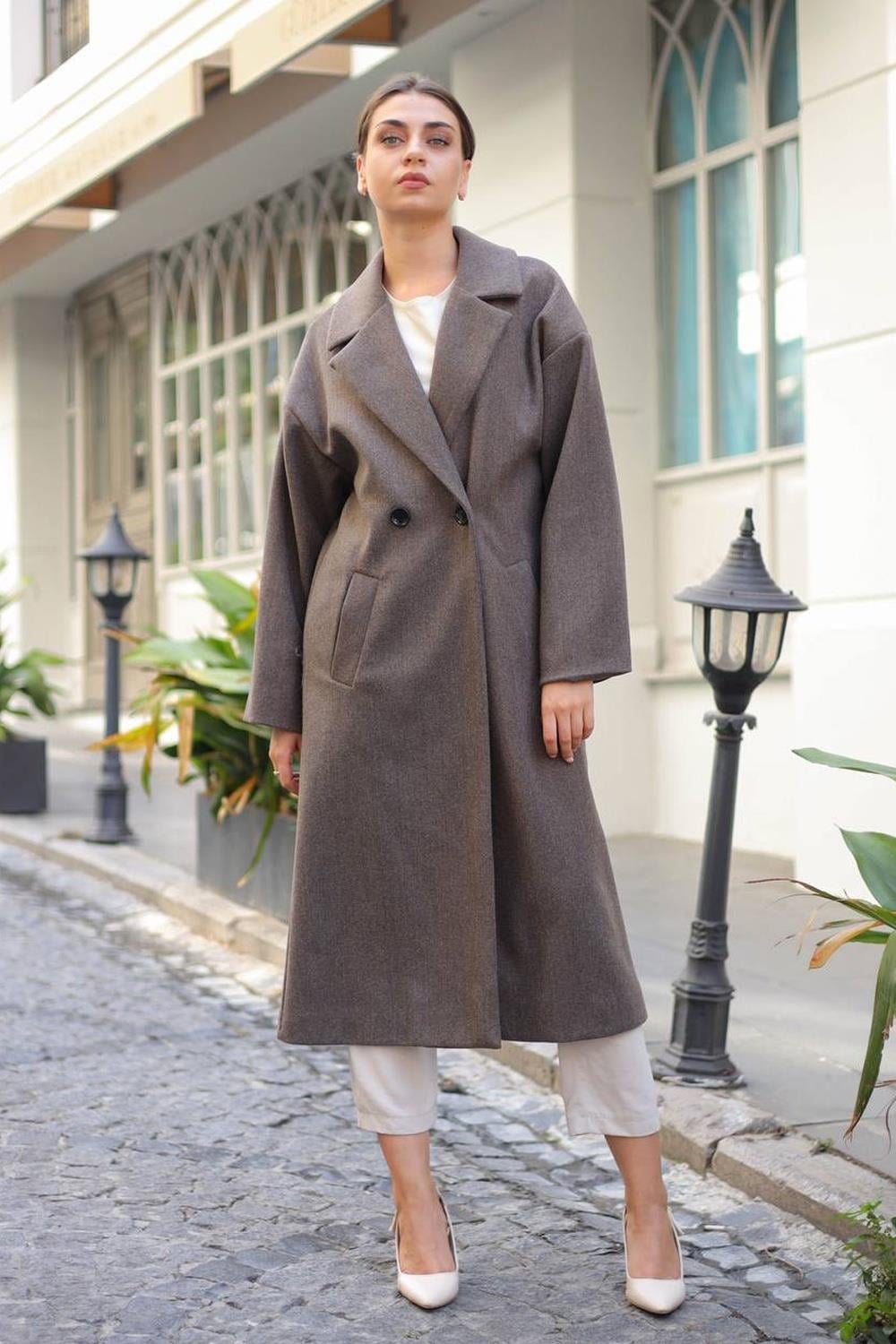 Çift Düğmeli Kaşe Kaban Antrasit