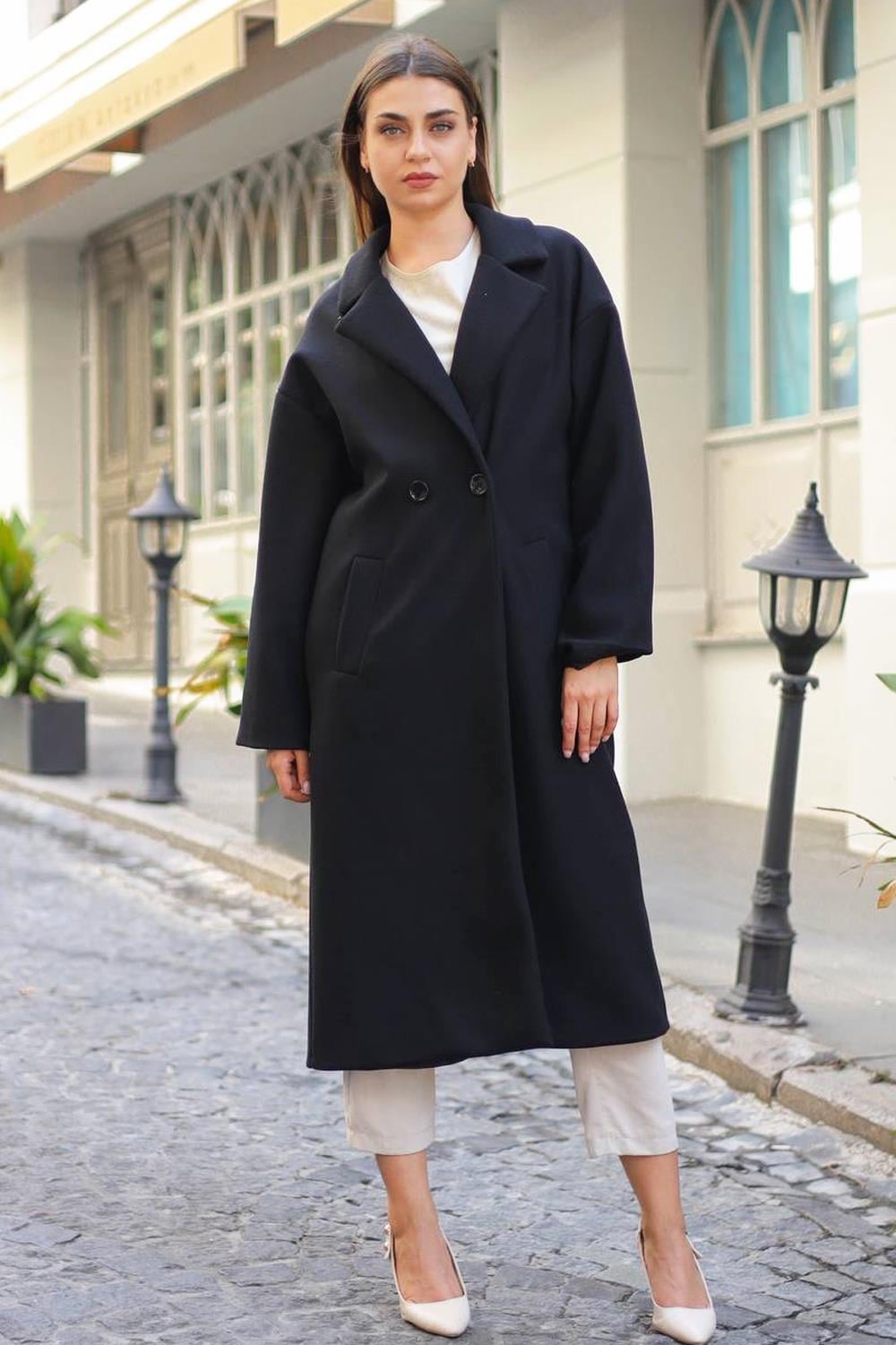 Çift Düğmeli Kaşe Kaban Siyah