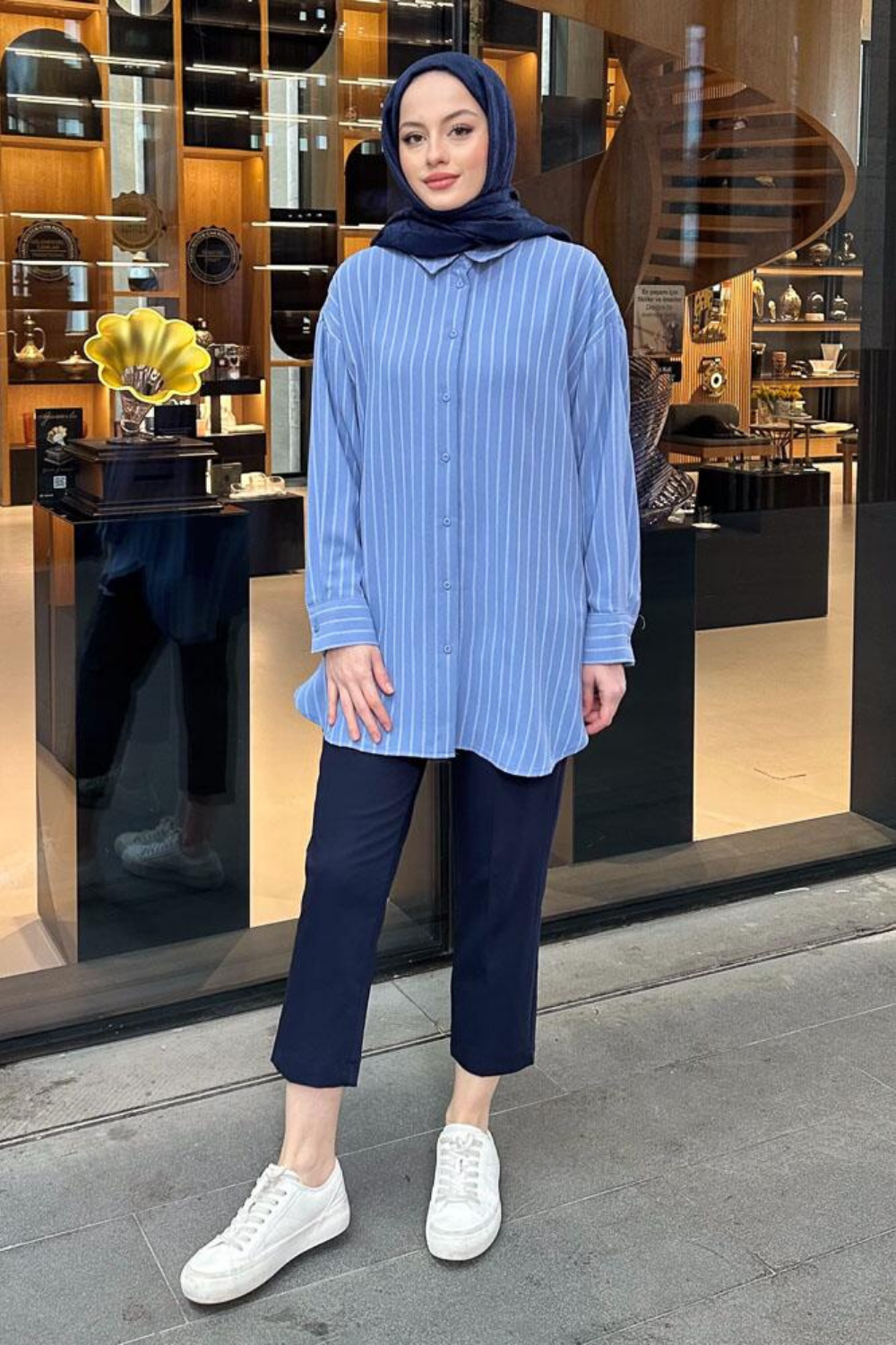 Çizgili Oversize Gömlek Mavi