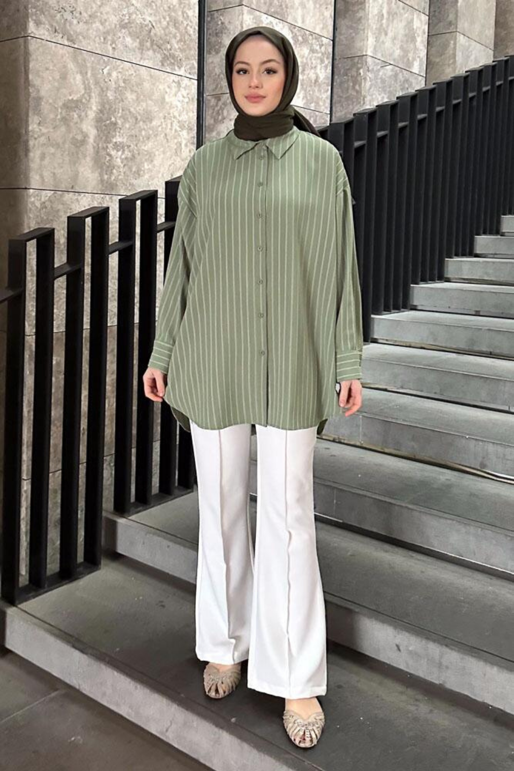 Çizgili Oversize Gömlek Mint