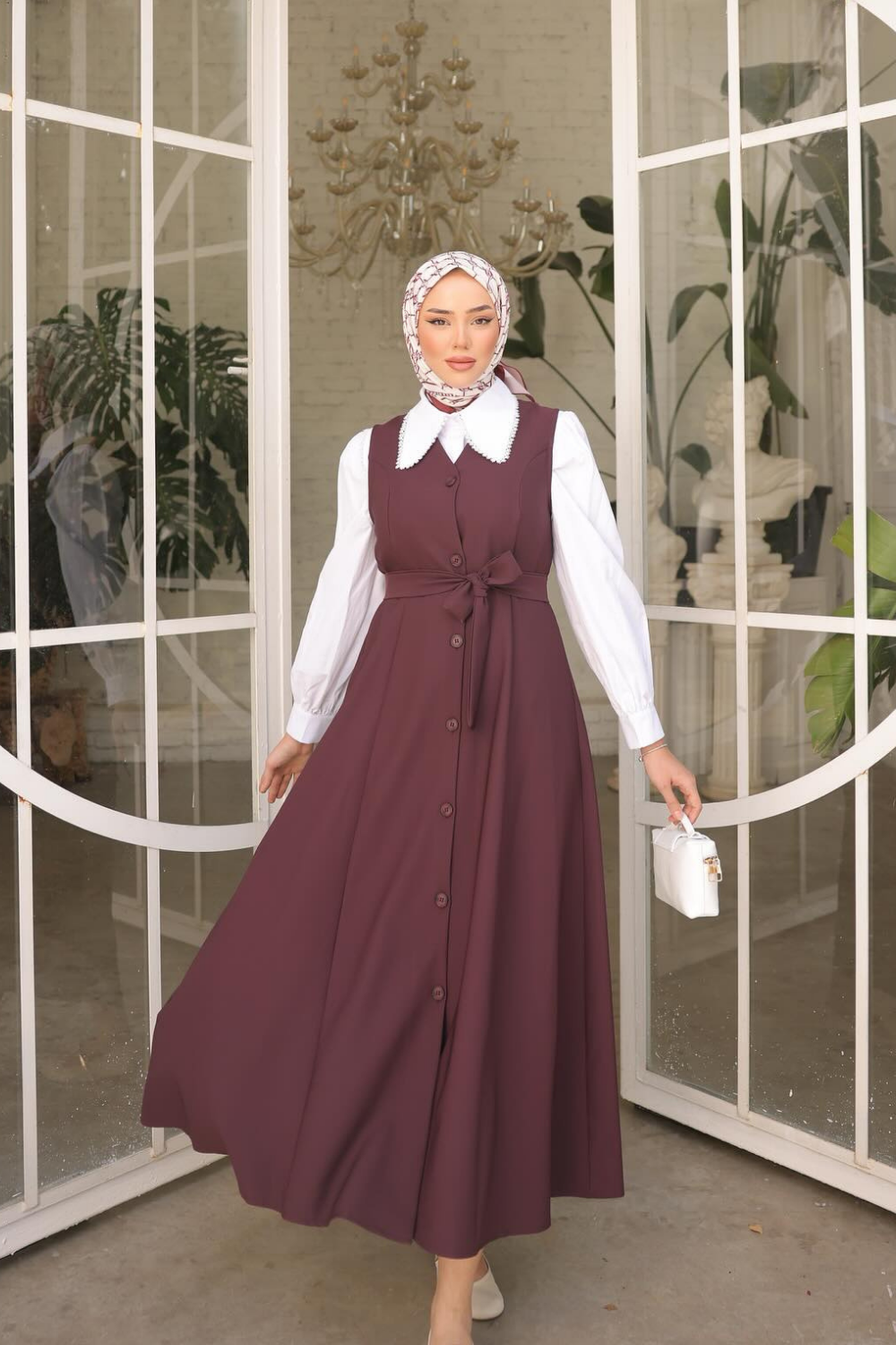 Düğmeli Jile Elbise Bordo