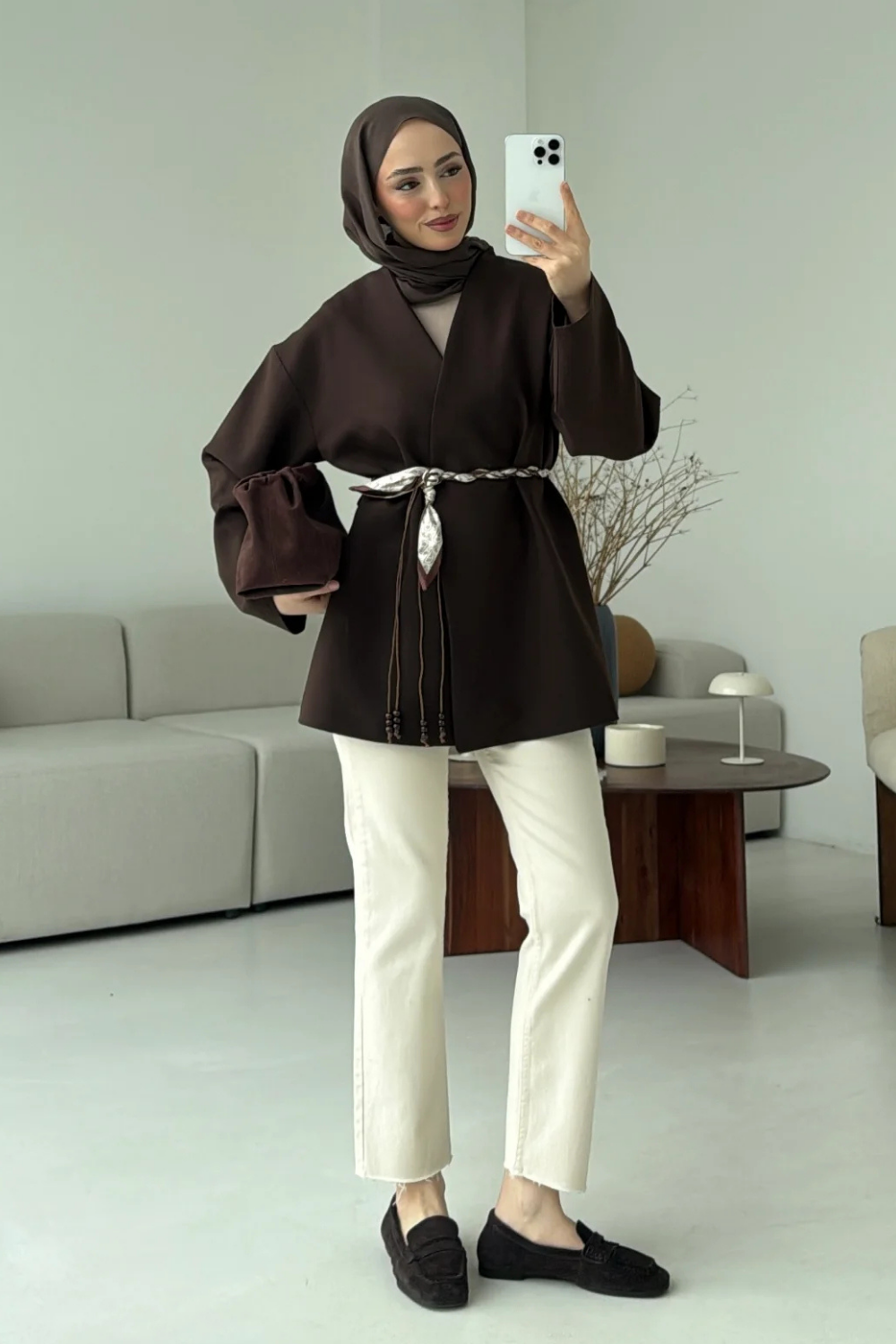 Fular Kemerli Blazer Kahve