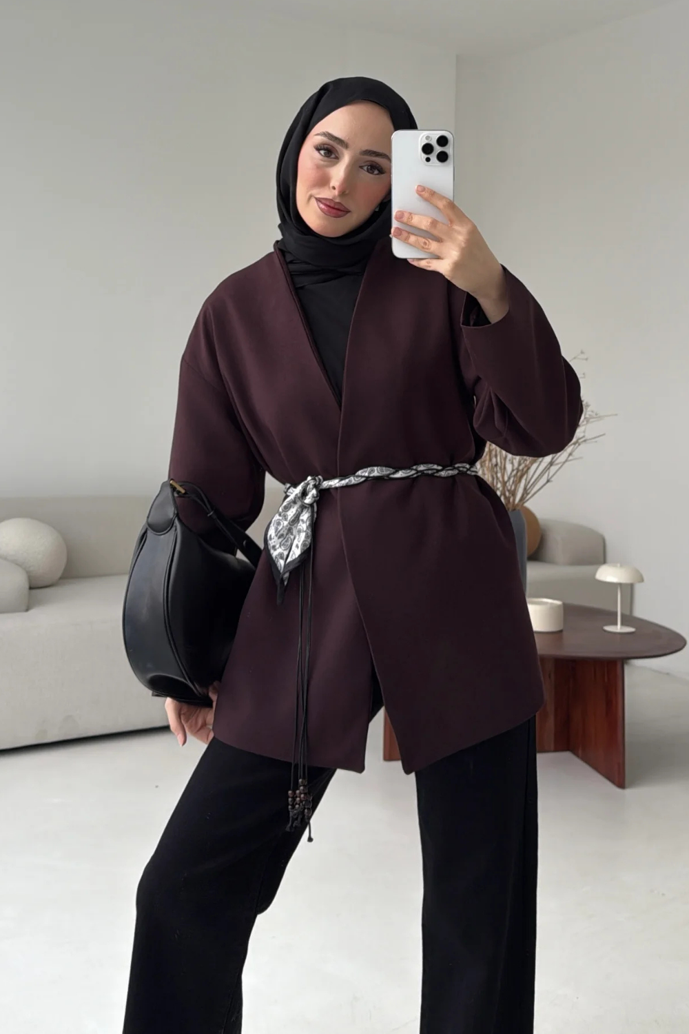 Fular Kemerli Blazer Mürdüm