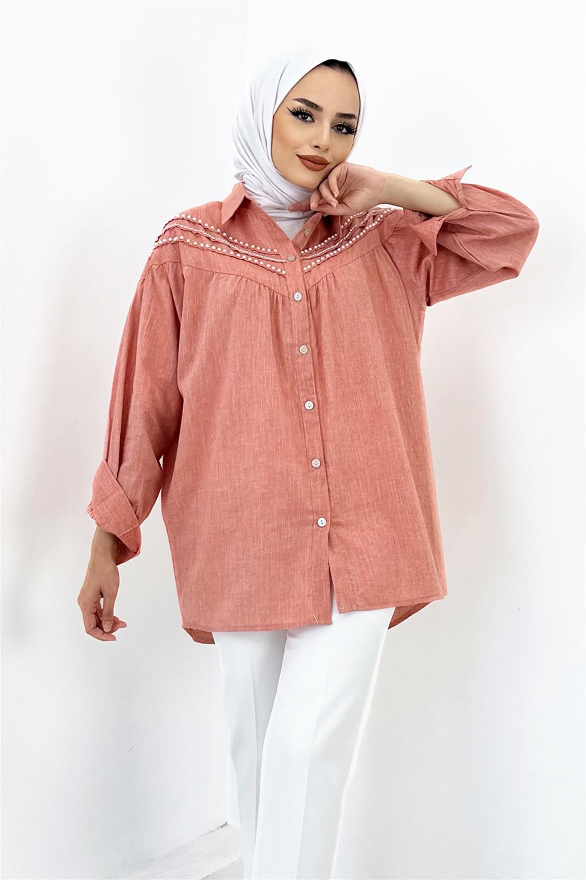 İnci Detaylı Gömlek Pudra