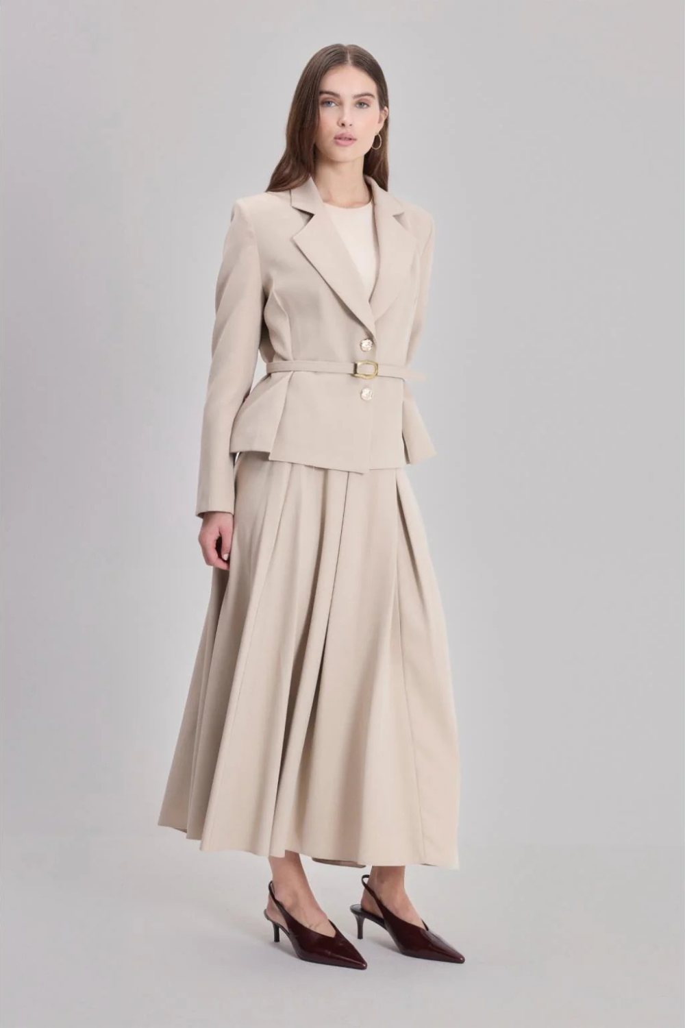 Kemerli Alt Üst Takım Bej