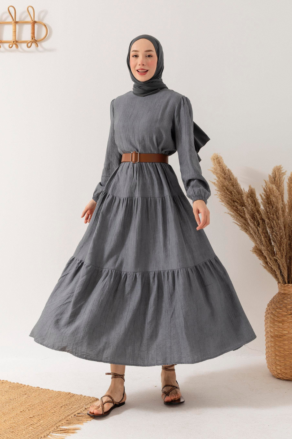 Kemerli Elbise Gri
