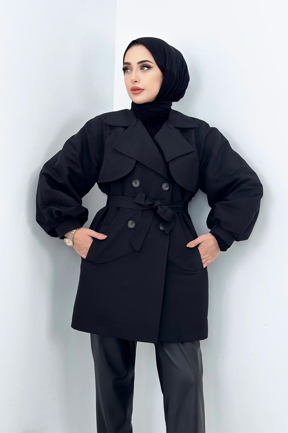Kuşaklı Kısa Trençkot Siyah