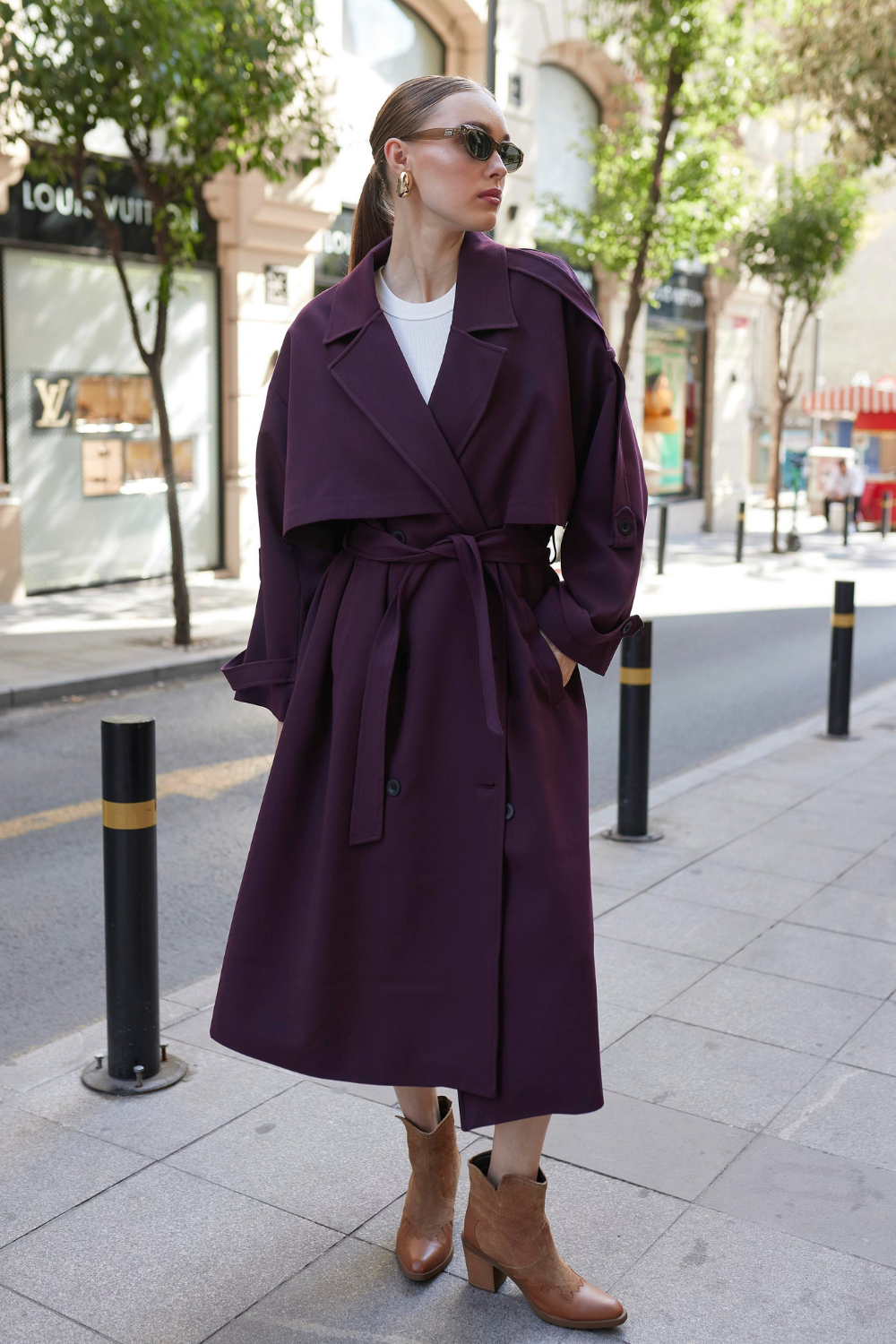 Kuşaklı Trençkot Mürdüm