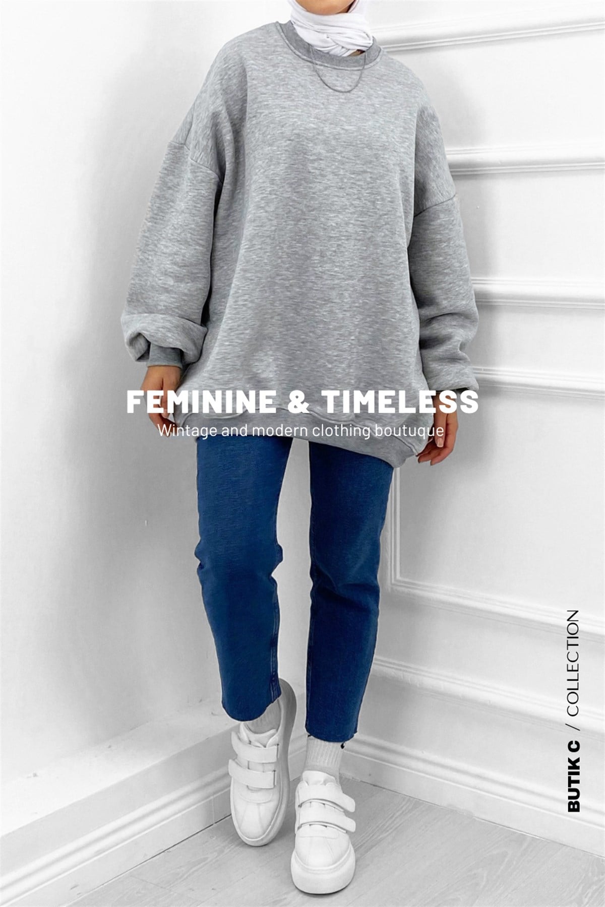 Oversize Bisiklet Yaka Sweat Gri
