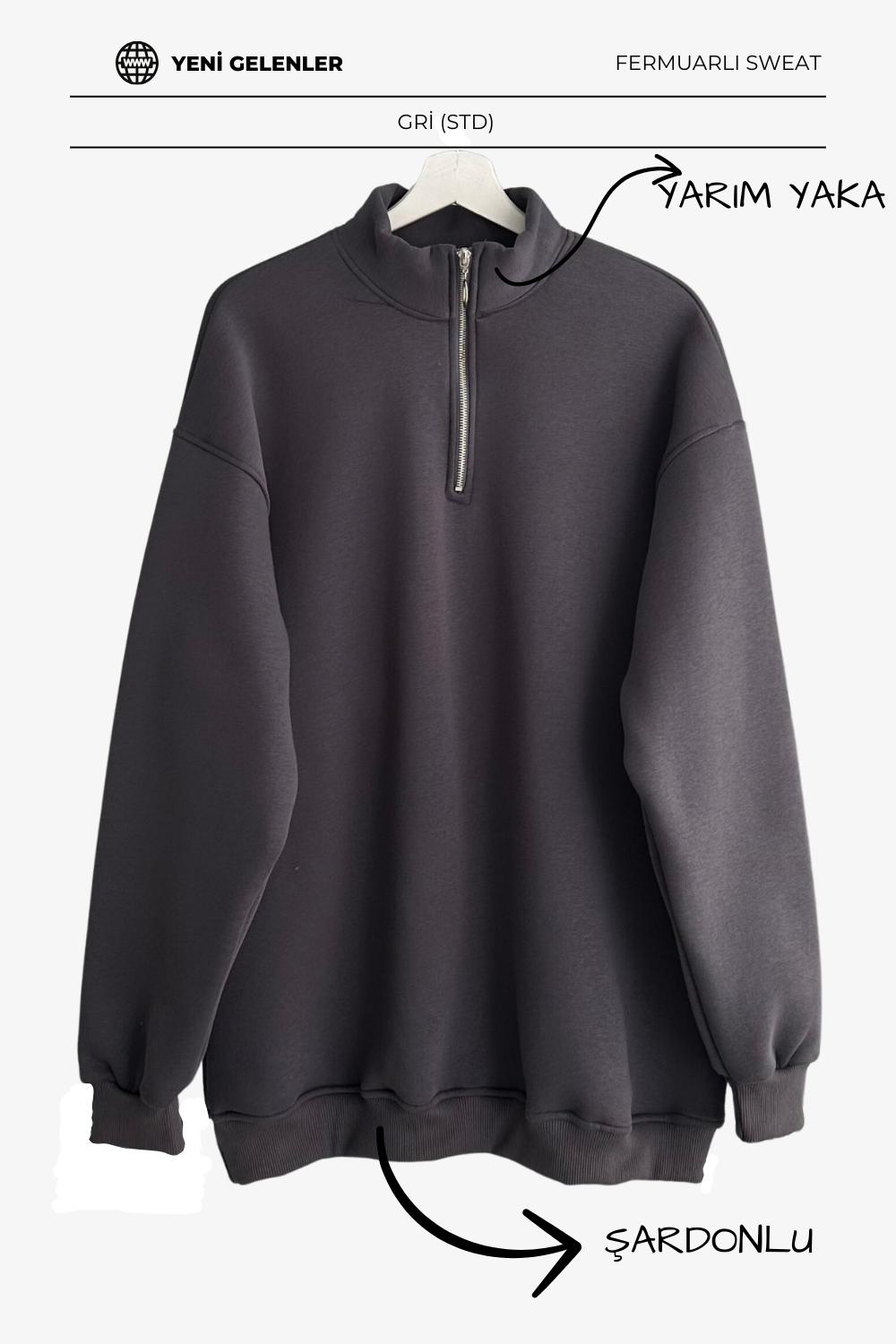 Oversize Fermuarlı Sweat Gri