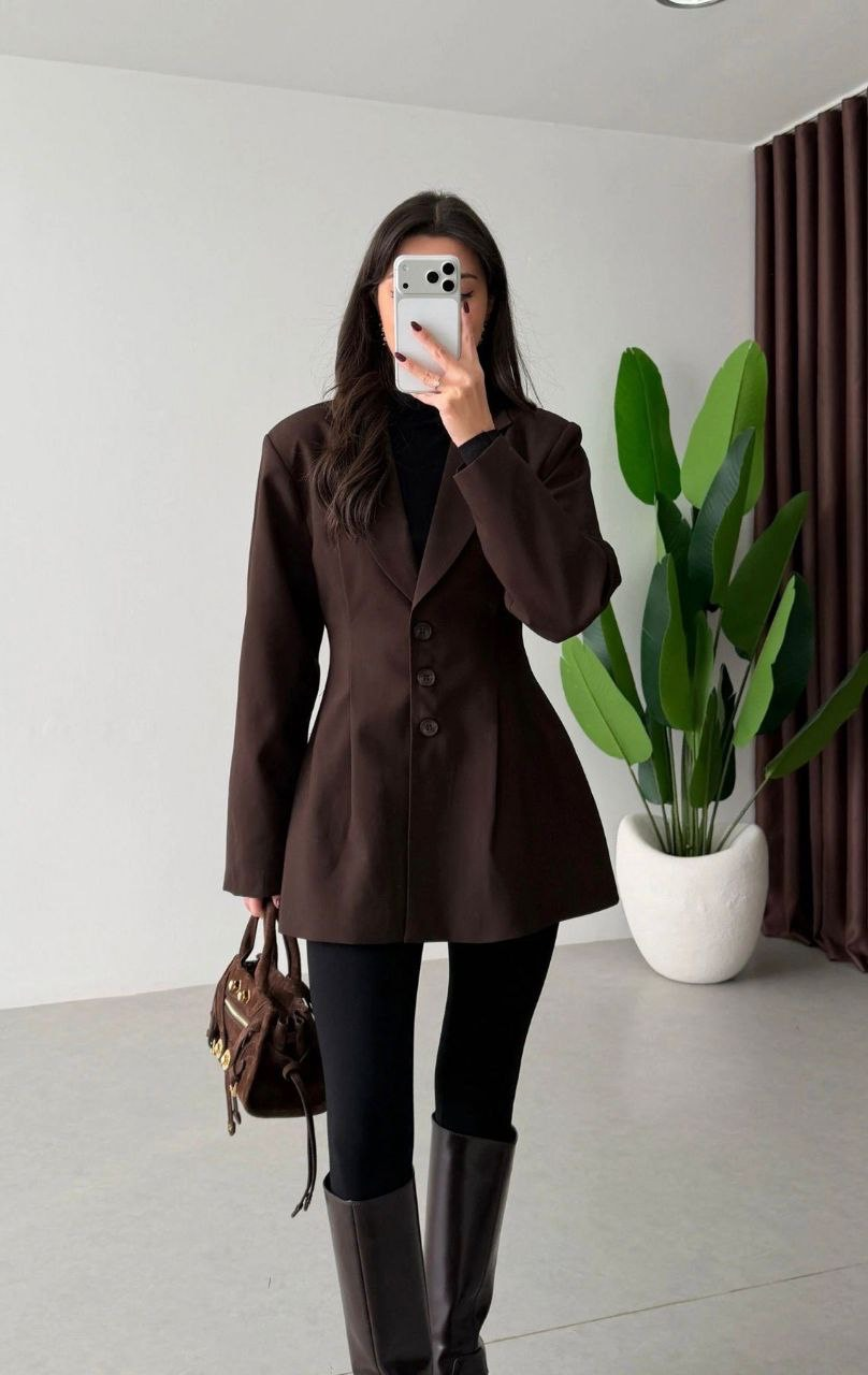 Pens Detay Belden Oturtmalı Ceket Kahverengi