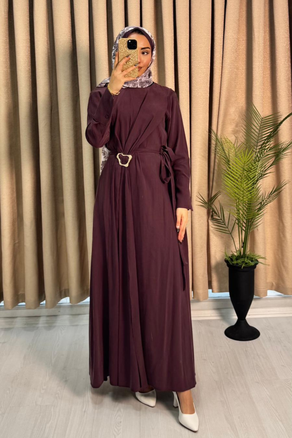 Toka Detaylı Elbise Mürdüm