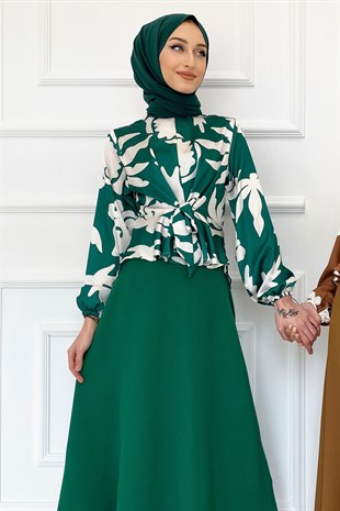Saten Tunik Etekli Takım-Zümrüt Yeşili