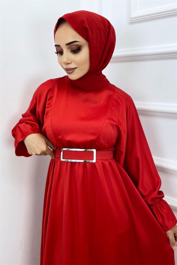 Bel Ve Kol Lastikli Saten Elbise-Kırmızı