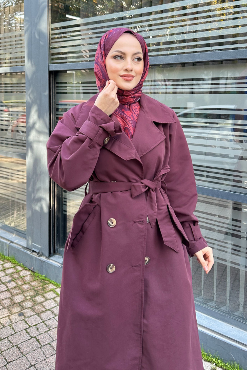 Arka Pile Detaylı Trençkot Mürdüm