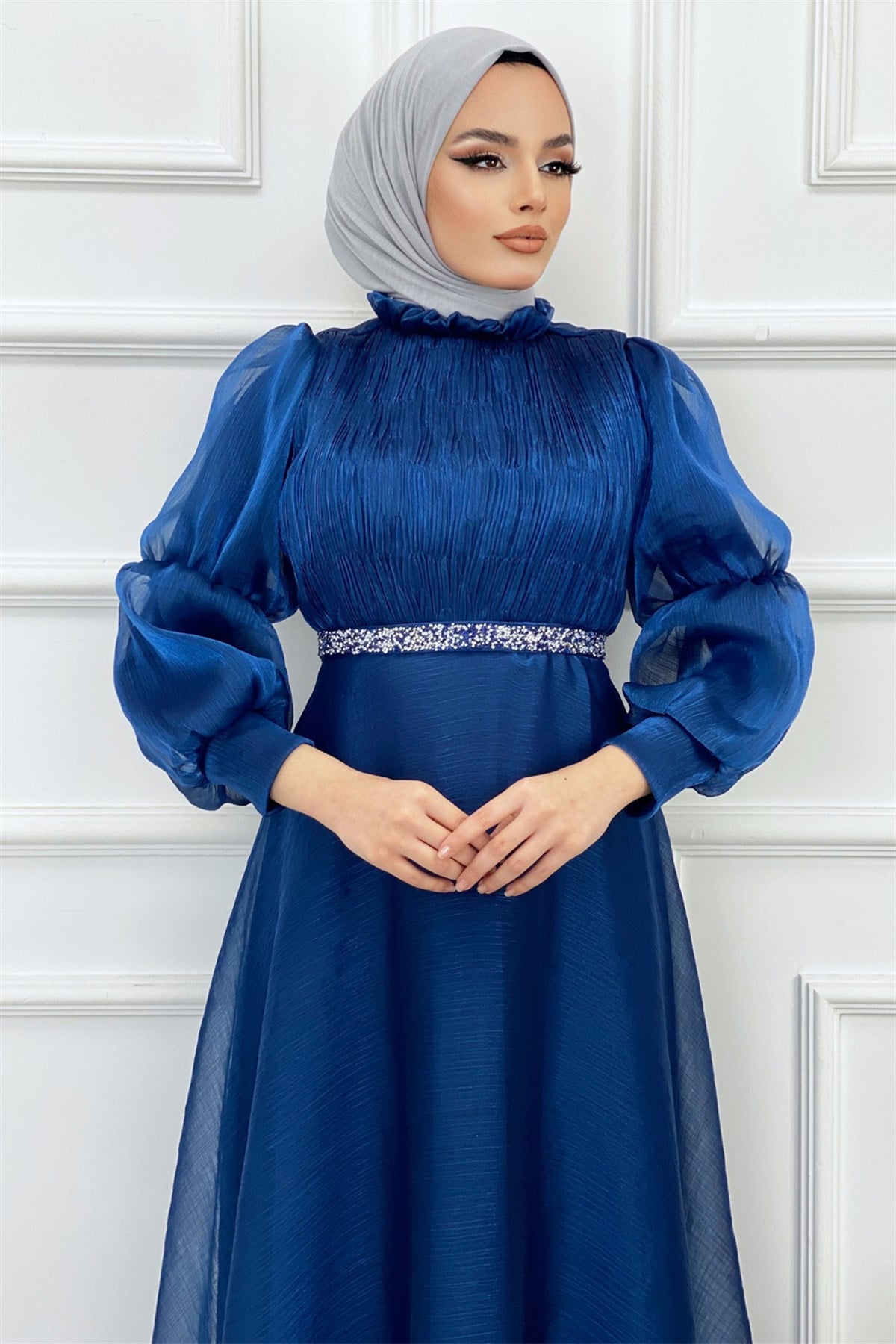 Balon Kol Şifon Abiye-Saks