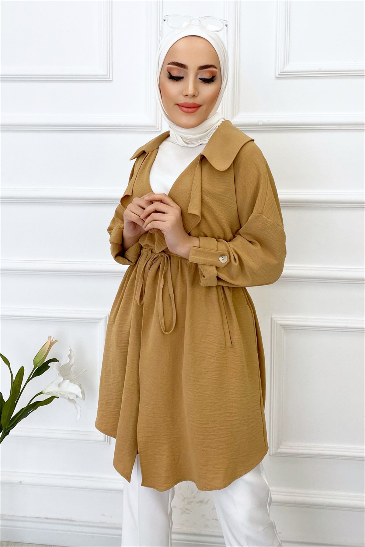 Beli Büzgülü Kimono-Camel