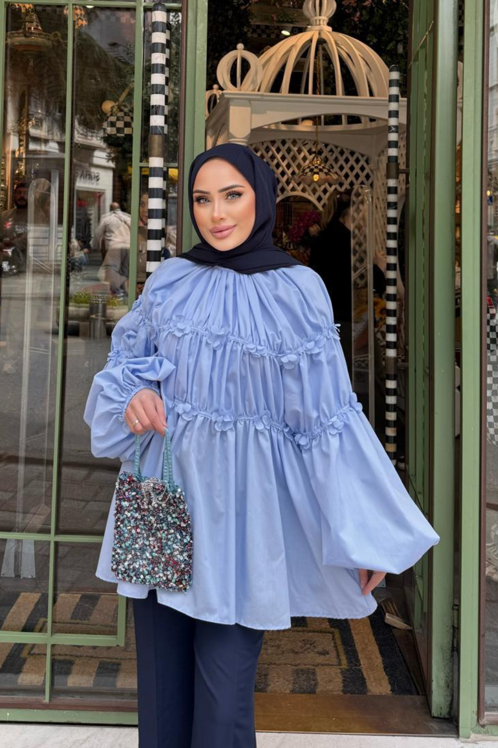 Çiçek Detaylı Gömlek Bebe Mavi